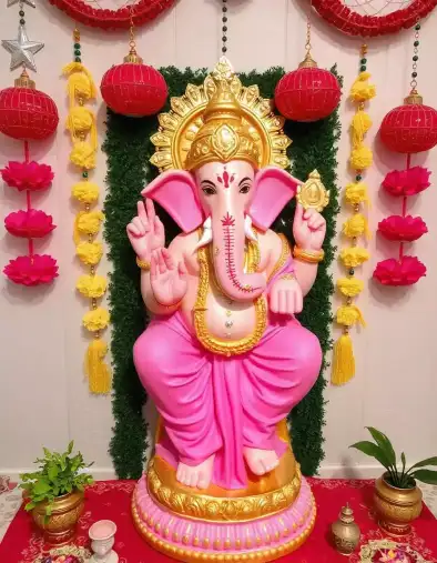 Ganesh Chaturthi decoration with pink Ganesha idol, red lanterns, and marigold flower garlands | Vibrant Ganesh Chaturthi Decoration with Red Lanterns | Home Decor | Decorations Guru